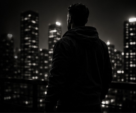 Man looking across a city at night